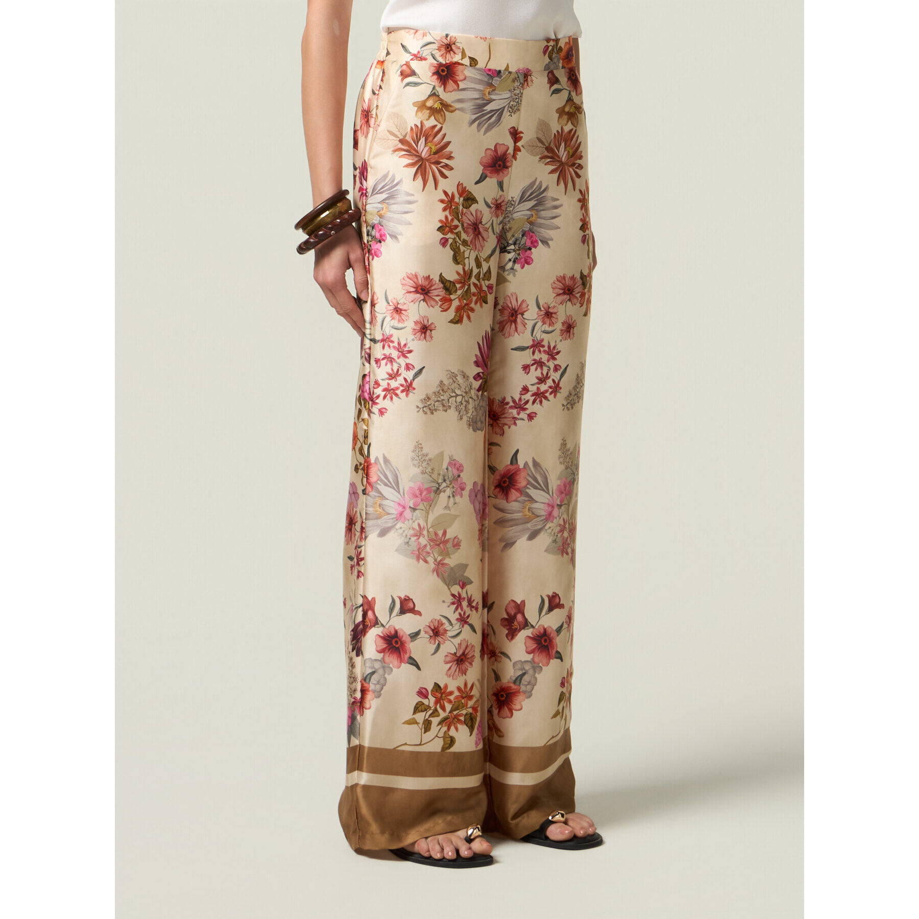 Oltre - Pantaloni palazzo in raso fantasia - Beige