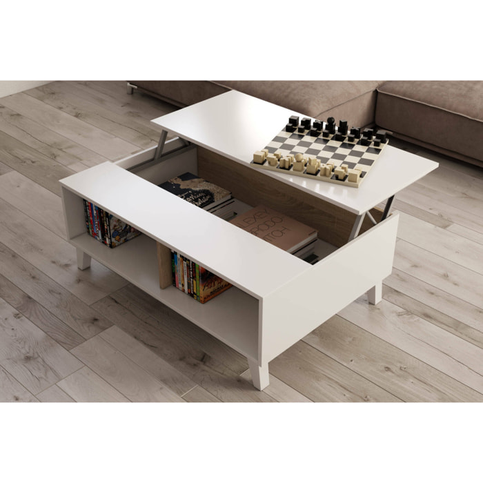 Tavolino da salotto Parche, Tavolino da caffè con piano elevabile, Tavolo basso da soggiorno, 100x68h38 cm, Bianco lucido e Rovere