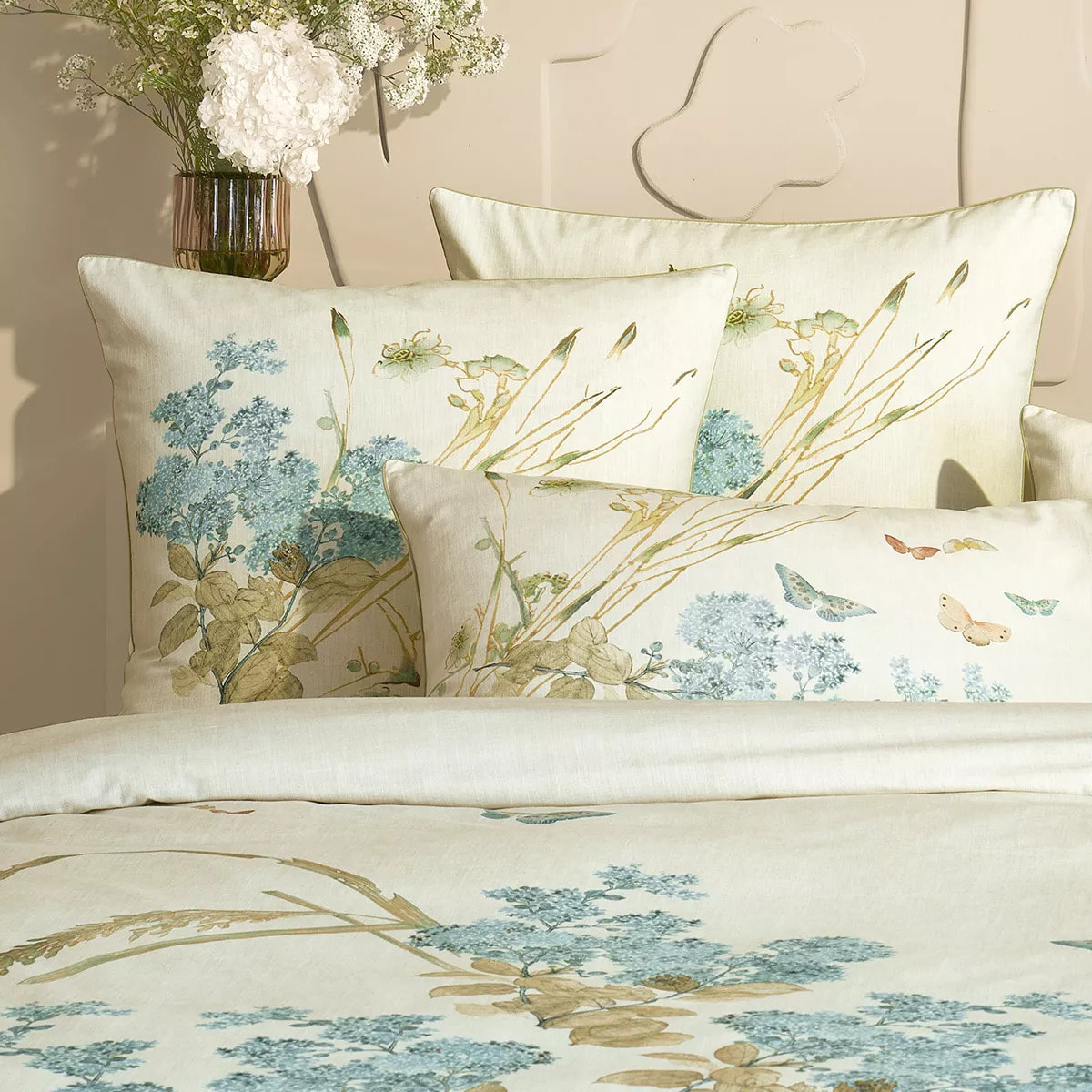 Taie d'oreiller pur coton lavé imprimé beige Caprices parchemin