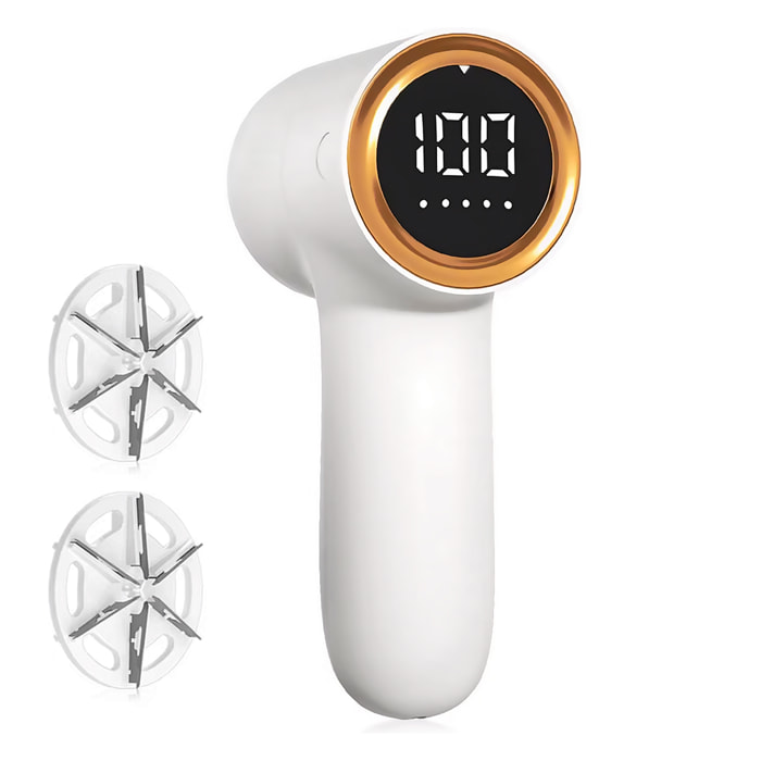 Rimuovi pelucchi compatto per la casa, con batteria integrata, schermo LED con indicazione della batteria e 5 livelli di potenza. Include 2 teste di ricambio.