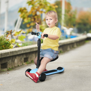 Patinete para Niños 2 en 1 Patinete Infantil Asiento Plegable con Altura Ajustable 3 Ruedas Brillantes para +18 Meses Carga 50 kg 58x31x64-79 cm Azul