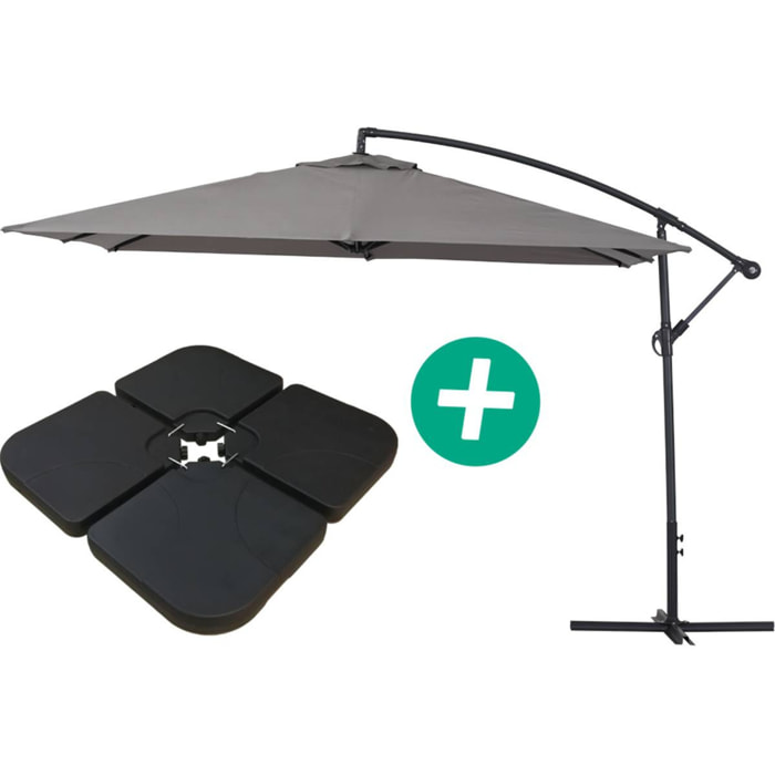 Parasol jardin déporté Alu "Ilios 3" - Carré - 3 x 3 m - Gris - Dalles incluses