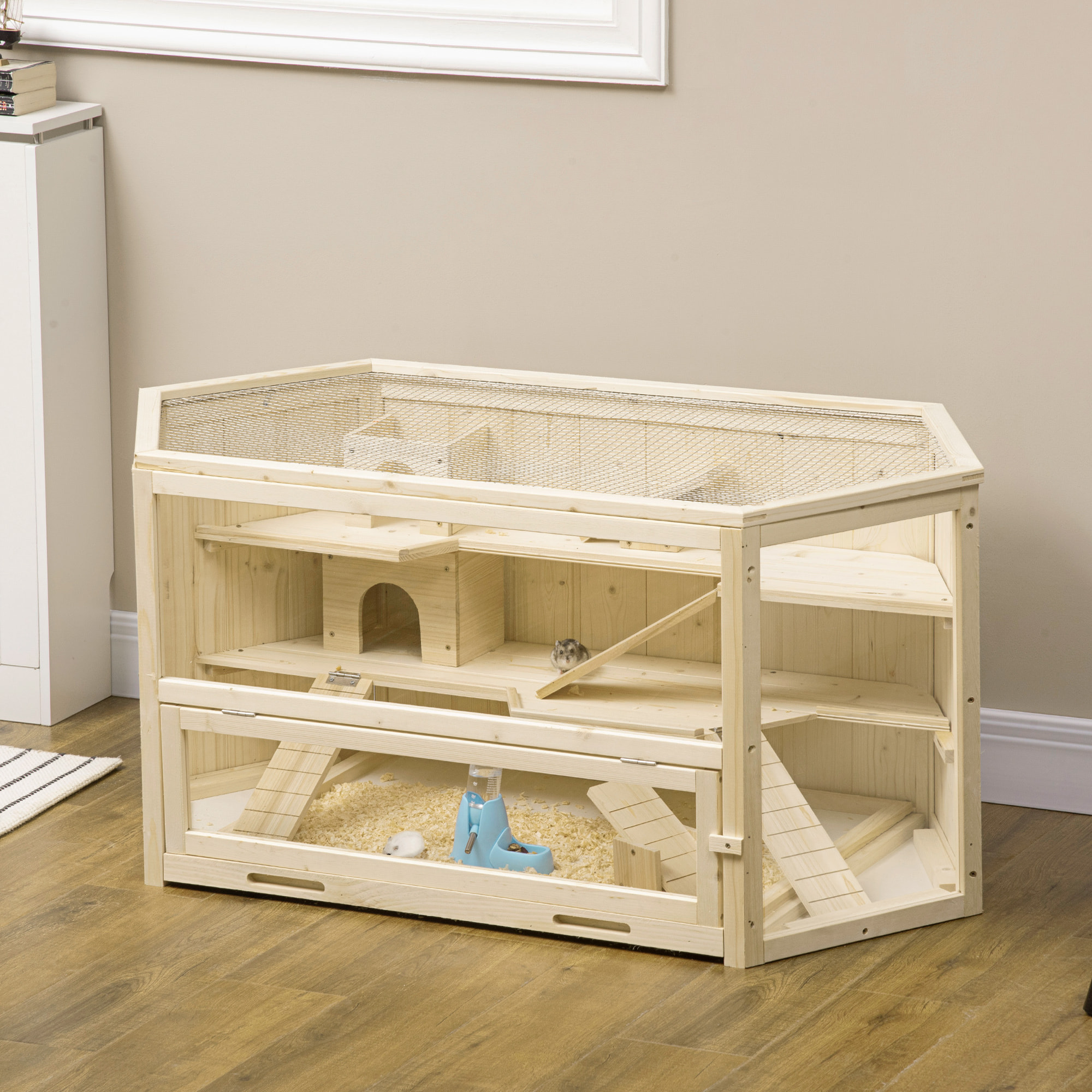Cage pour hamster 2 étages dim. 115x60x55cm bascules biberon eau fenêtres cabanes toit ouvrable plateau déjection bois