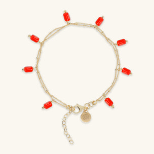 Bracciale Multifilo in Argento 925 Placcato Oro Giallo 18kt con Ciondoli in Pietra Naturale Corallo Bambù Rosso