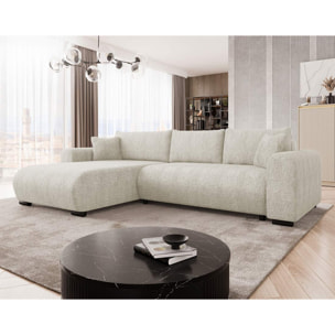 Rosalie - Canapé d'angle réversible 4 places convertible avec coffre en tissu bouclette - Beige