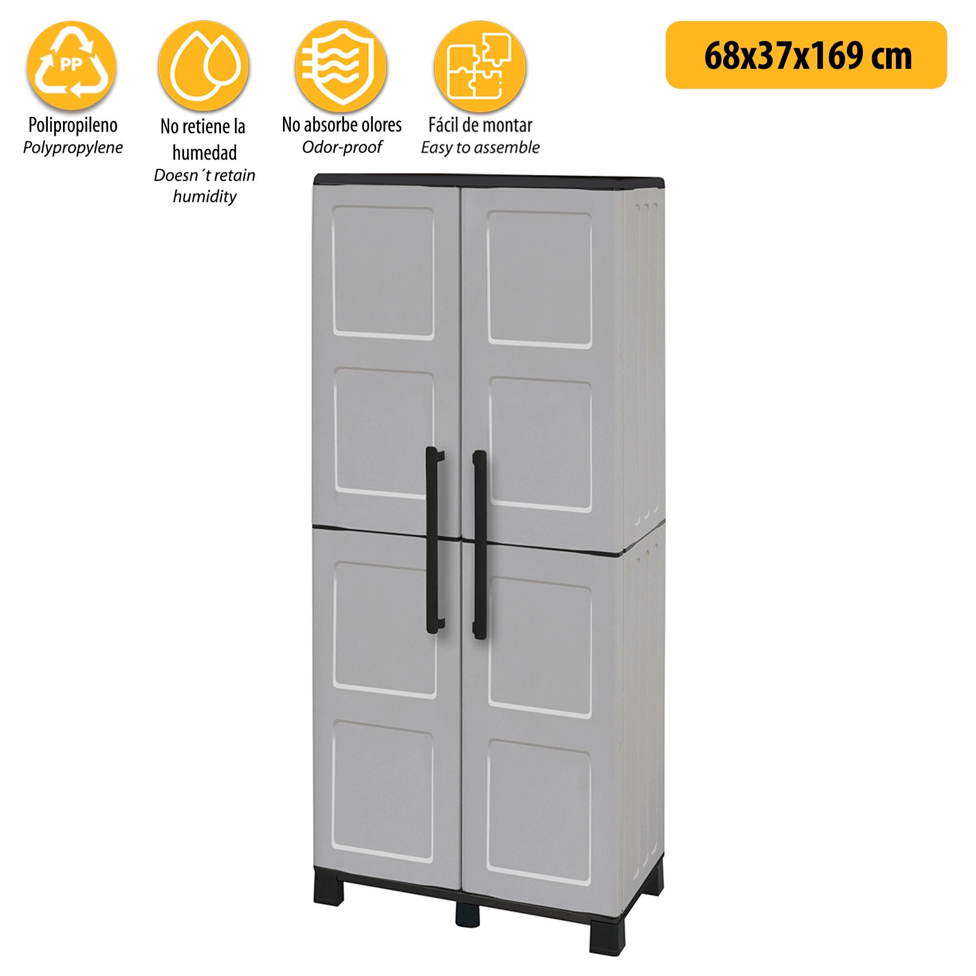 Armario de altura completa en polipropileno, material reciclable y ecológico sostenible, está equipado con bisagras de acero, estantes ajustables y lo
