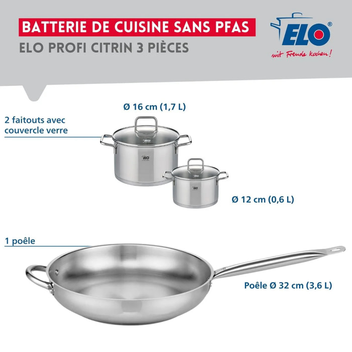 Ensemble de 1 Poêle de cuisson 32 cm et 2 faitouts 12 et 16 cm Elo Profi Citrin
