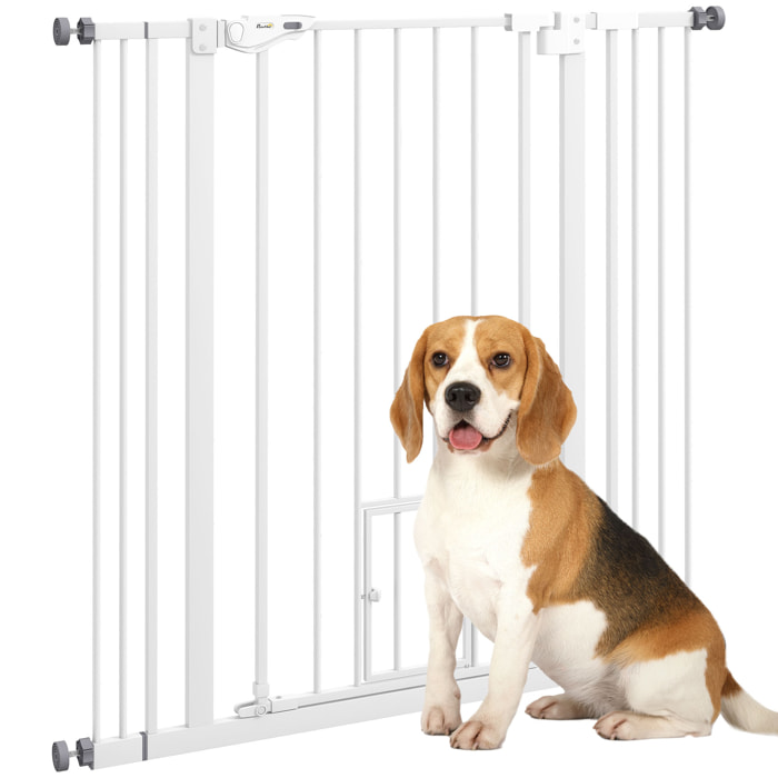 Barrera de Seguridad para Perros con 1 Puerta Pequeña Barrera para Mascotas Extensible con Cierre Automático y Sistema de Doble Bloqueo para Puerta Pasillo Escalera 74-101x104,1 cm Blanco