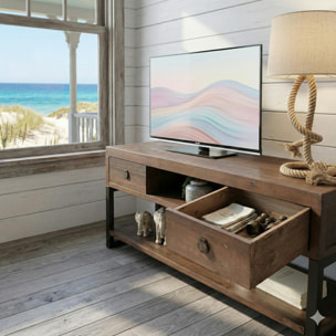 Meuble TV bois brun recyclé double plateau SAMOA