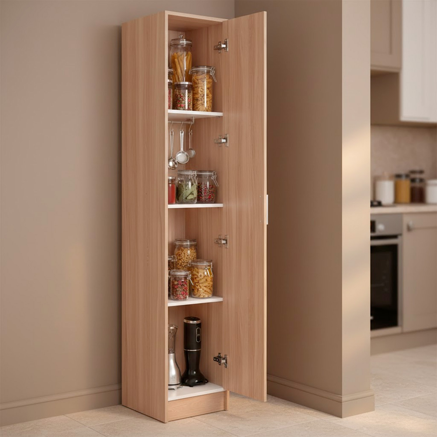 Armadio Con 1 Anta Armadietto Dispensa Mobile Multiuso Salvaspazio Con Ripiani Regolabili Anta Reversibile Cucina Ripostiglio 37 x 37 x 180 Cm Rovere