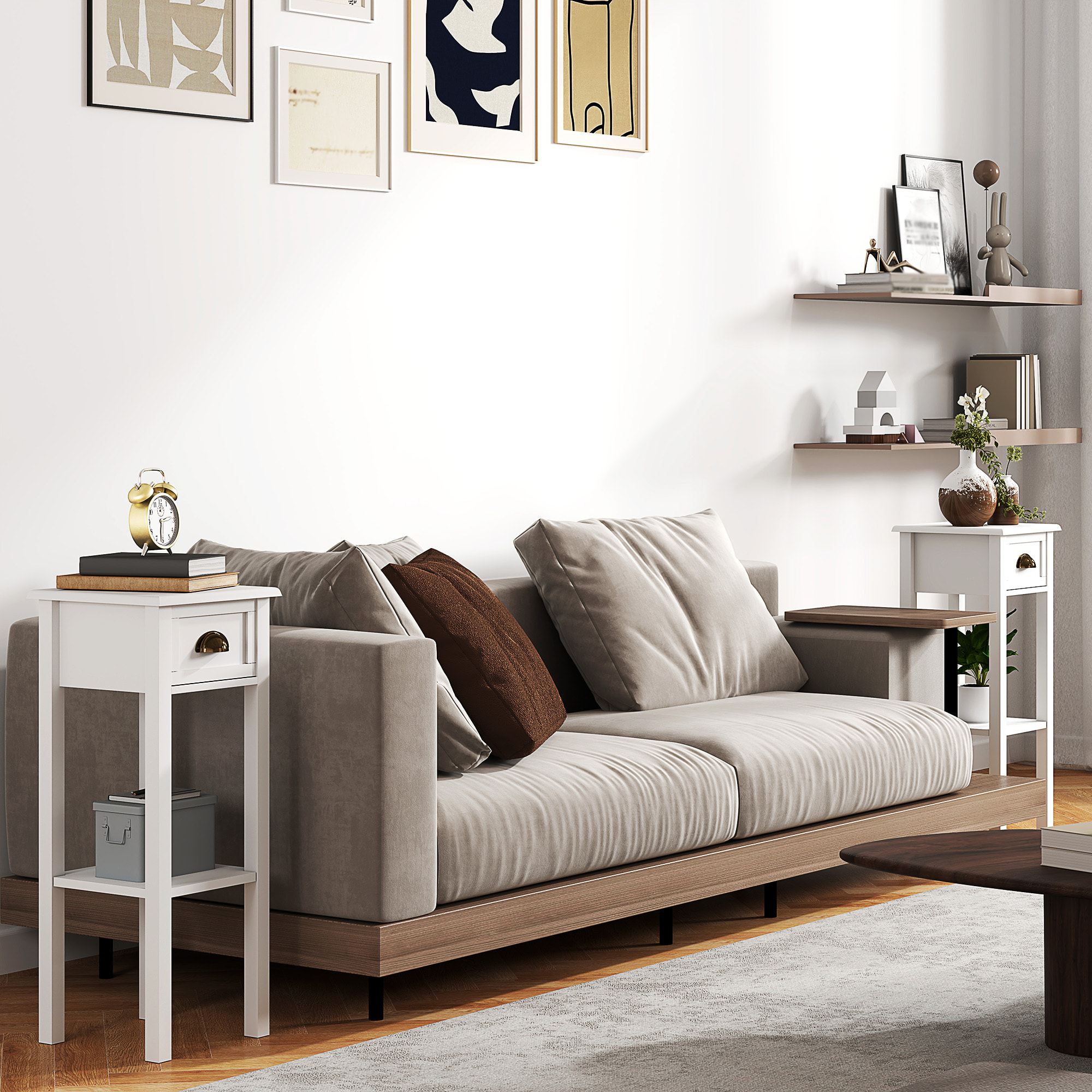 Juego de 2 Mesas Auxiliares Modernas, Mesas Auxiliares para Sofá, con Cajón y Estante, Mesitas de Noche para Salón, Dormitorio, 30x30x75 cm, Blanco