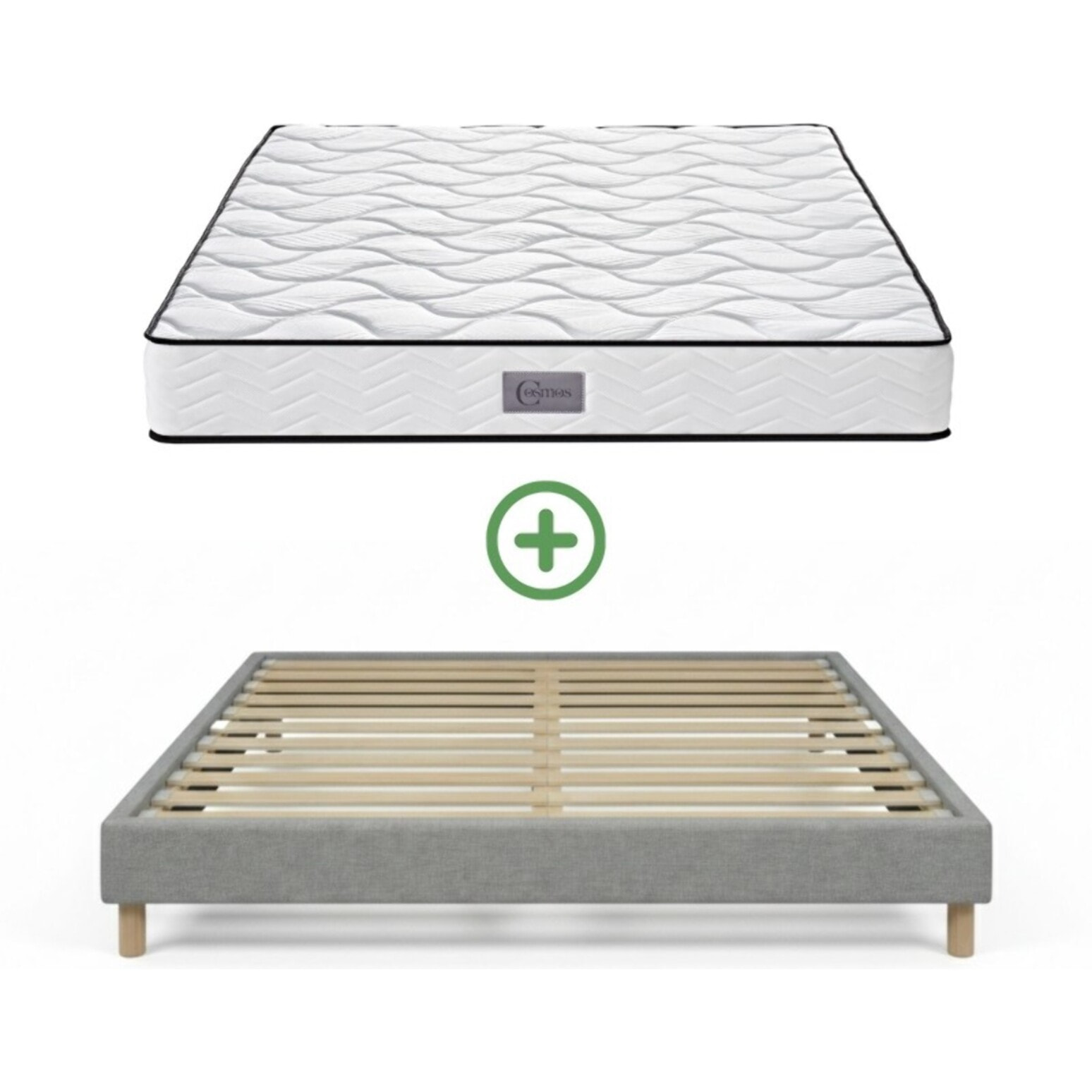 Ensemble Matelas Cosmos & sommier | Mémoire de forme et ressorts ensachés | Cadre à lattes | Tissu | Gris Clair