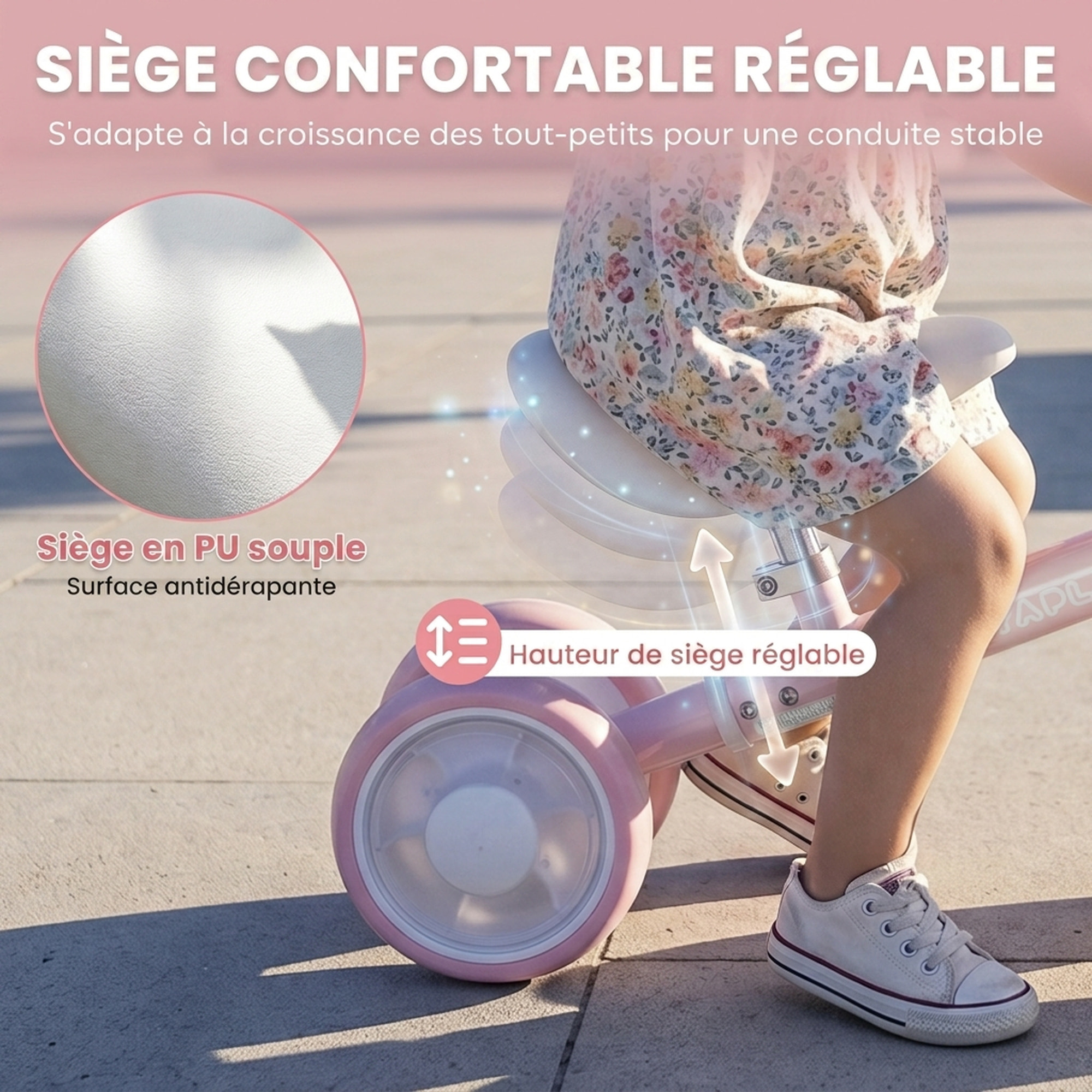 Draisienne enfant 4 roues LED réglable rose