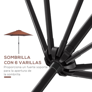 Sombrilla para Jardín Ø260x235 cm Parasol de Aluminio Reclinable con Manivela y 6 Varillas de Metal para Terraza Exterior Balcón Café