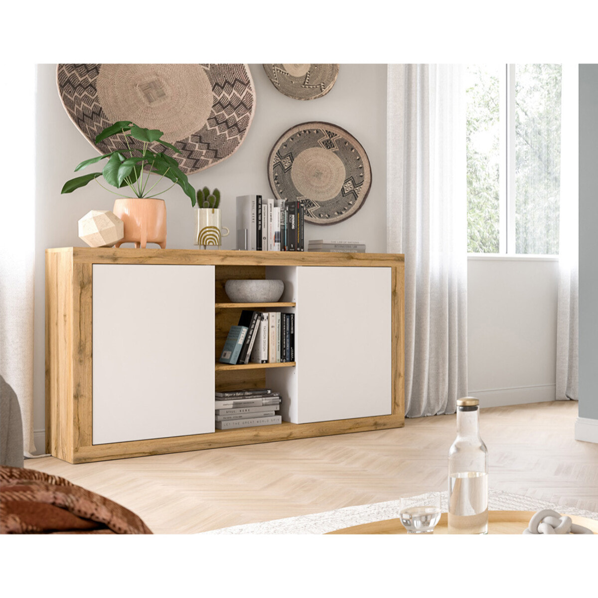 Ethan – buffet bas – 2 portes et 3 niches – bois et blanc - 130 cm - Bois / Blanc