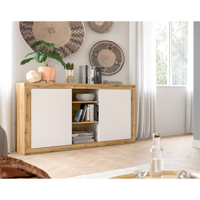 Ethan – buffet bas – 2 portes et 3 niches – bois et blanc - 130 cm - Bois / Blanc