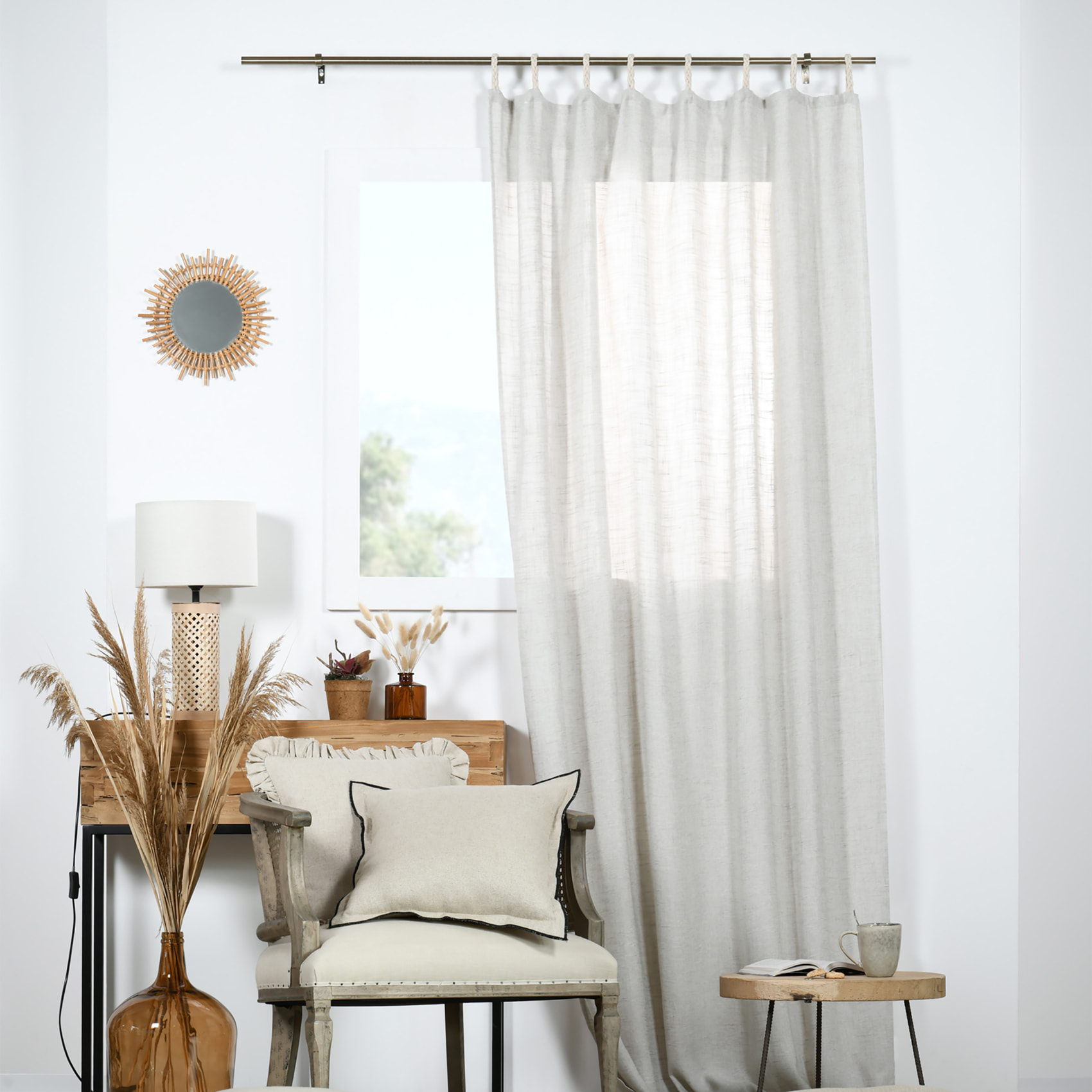 Coussin  poly-lin volant plat feston noir - Naturel