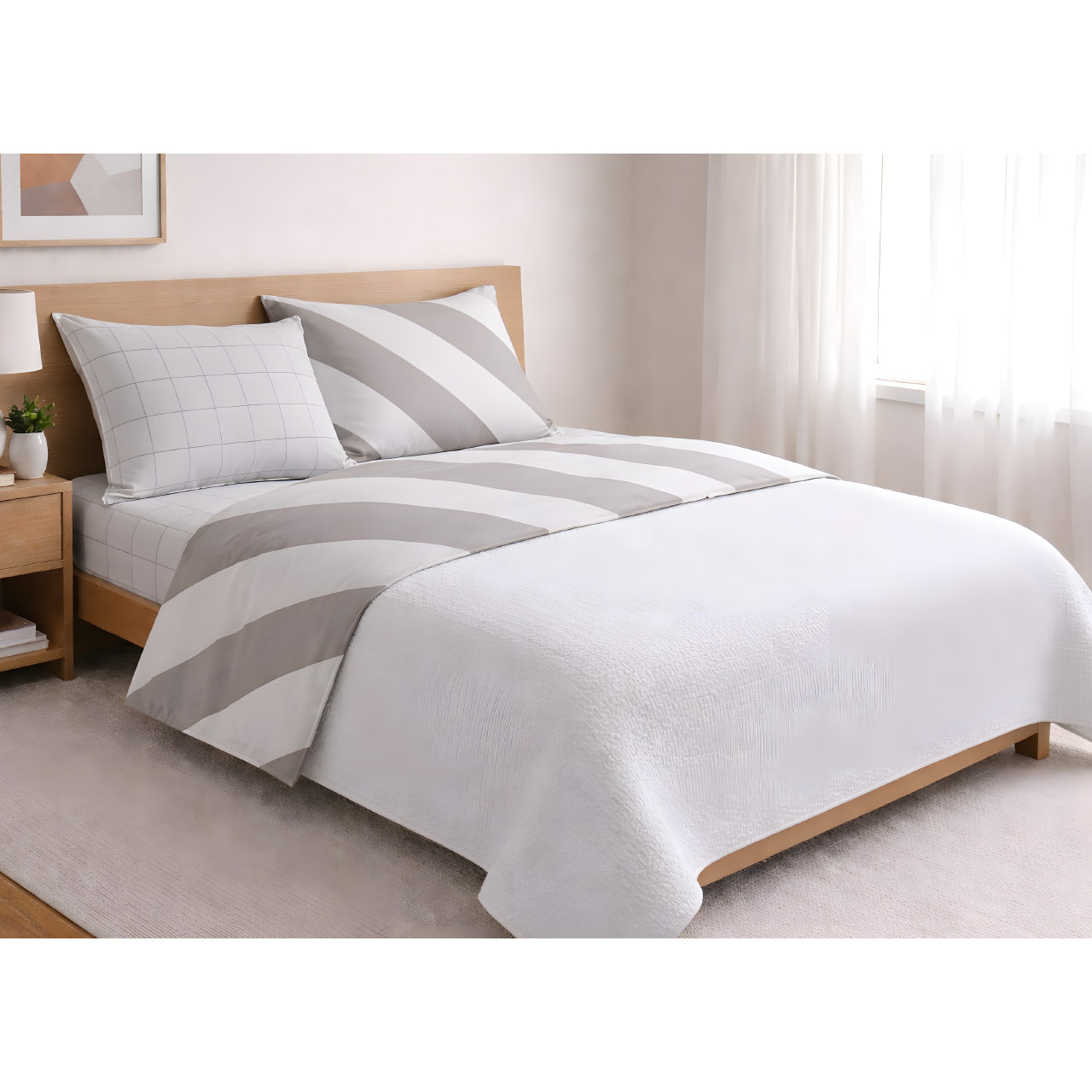 Completo Lenzuola 100% Cotone Made in Italy Fantasia Rigata Disegno Elite Beige