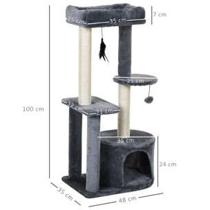 Arbre à chats avec griffoirs grattoirs sisal naturel centre d'activités niche plateformes 2 jouets suspendus gris