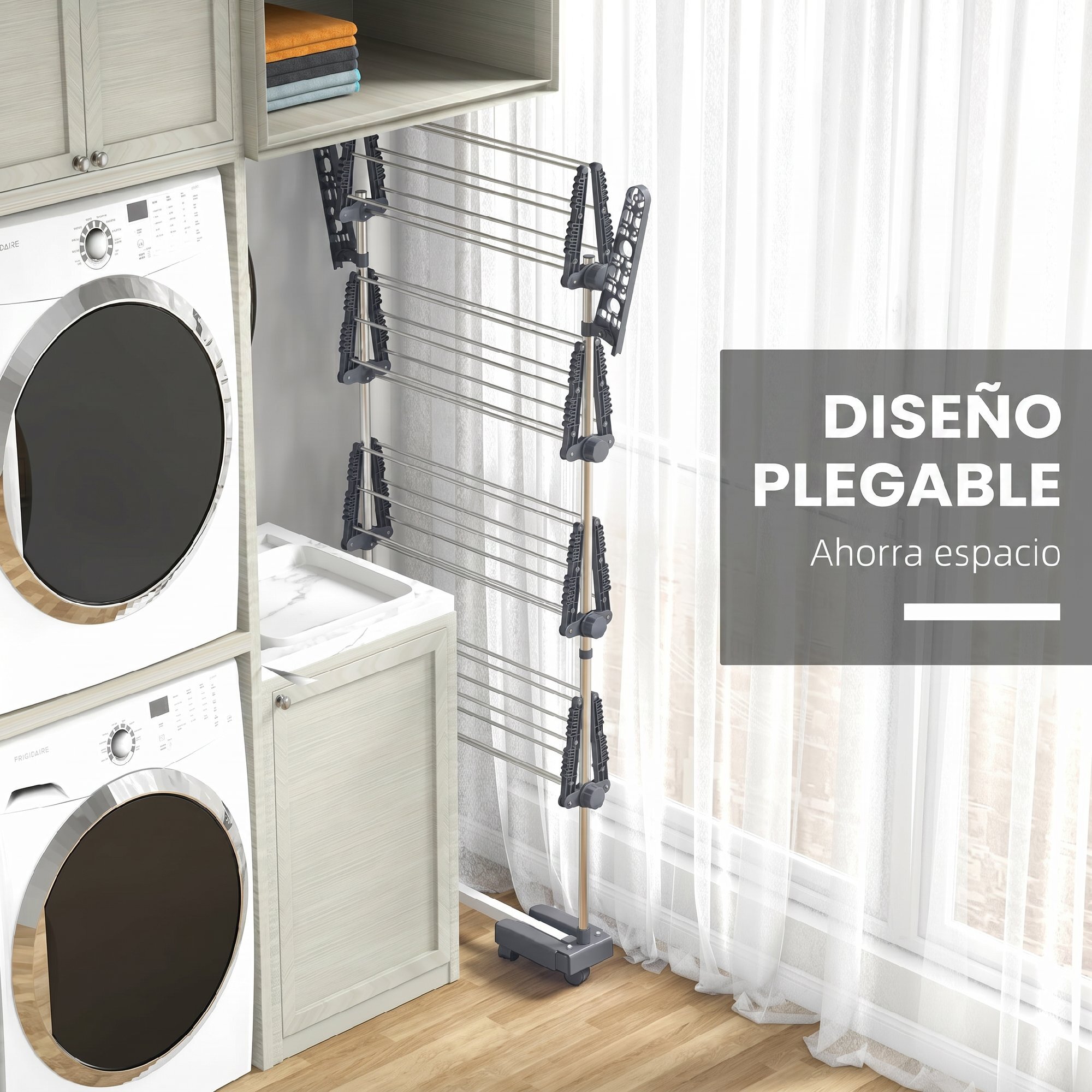 HOMCOM Tendedero Vertical Plegable Tendedero de Ropa con 6 Ruedas 2 Laterales Abatibles Estantes Ajustables y Marco de Acero Inoxidable para Interior y Exterior Gris y Plata