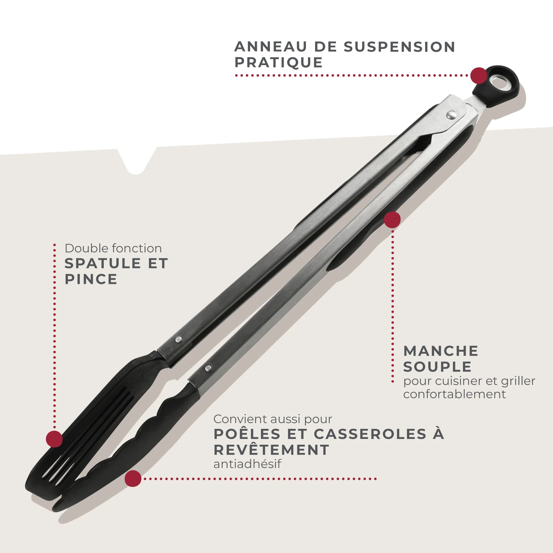 Pince de cuisine double embout 35 cm Fackelmann Penderie