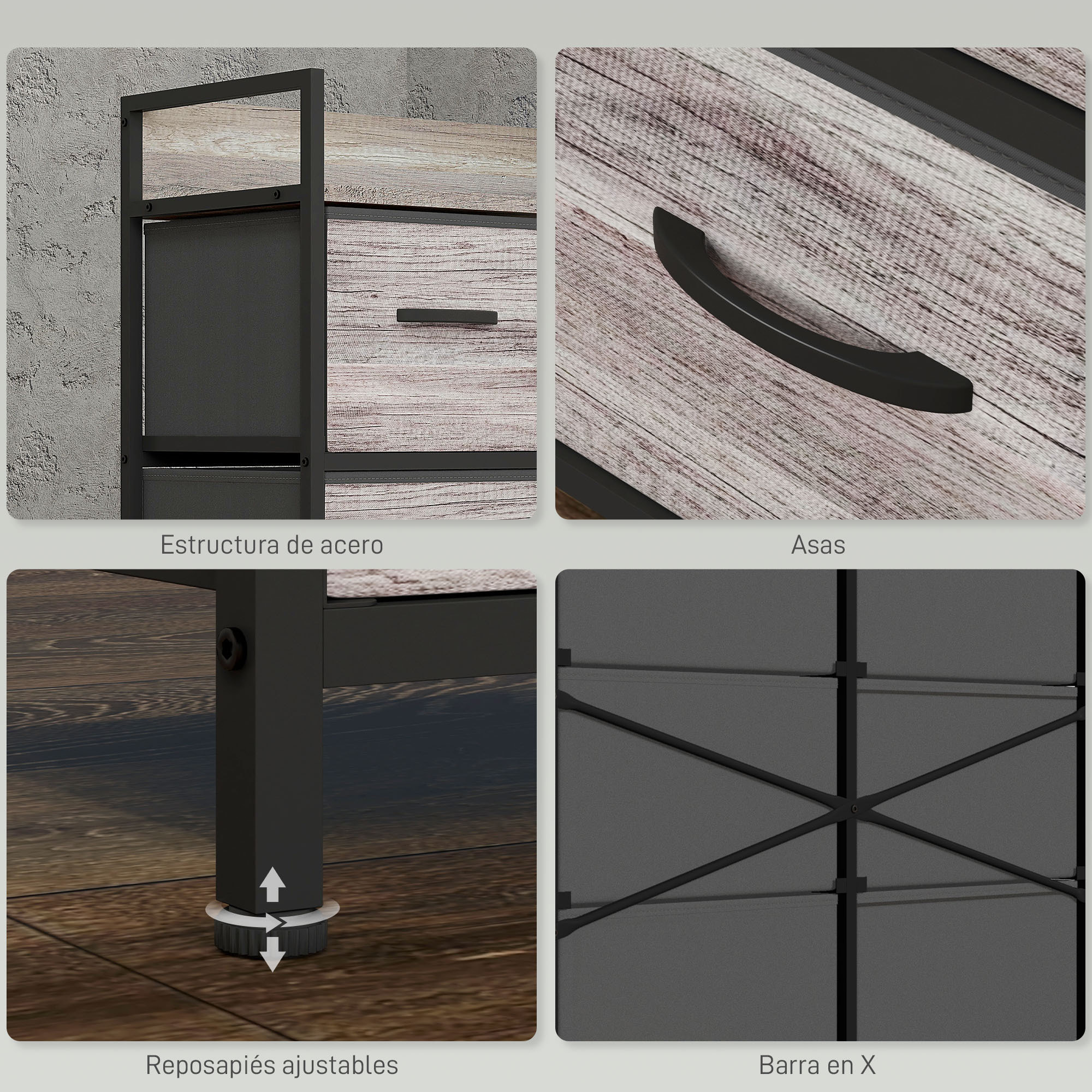 Cómoda con 6 Cajones Plegables, Cajonera de Tela con Estructura de Acero, Estilo Industrial, Cómoda para Dormitorio, Pasillo, Gris