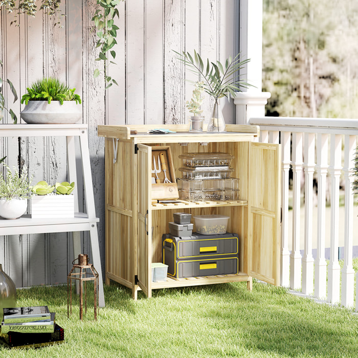 Outsunny Armario de Exterior de Madera, Caseta de Jardín Exterior con Techo Abatible de Acero Inoxidable, Estante, 2 Puertas, Cobertizo de Jardín para Almacenamiento Herramientas, 74x43x88 cm, Natural