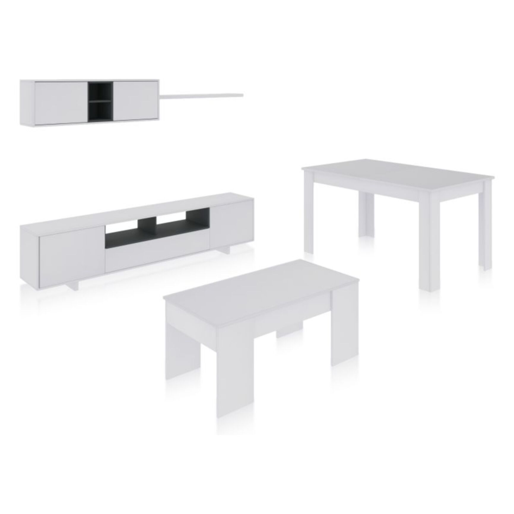Pack salón con mesa de centro y mesa de comedor Kenzo Max V2B Blanco Brillo - Gris Antracita