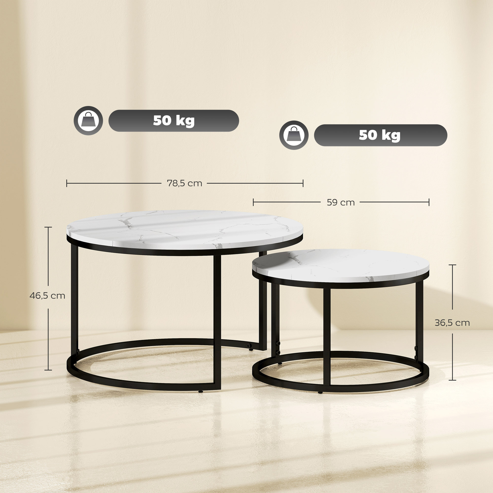 Lot de 2 tables basses rondes gigognes empilables piètement acier noir plateau aspect marbre blanc