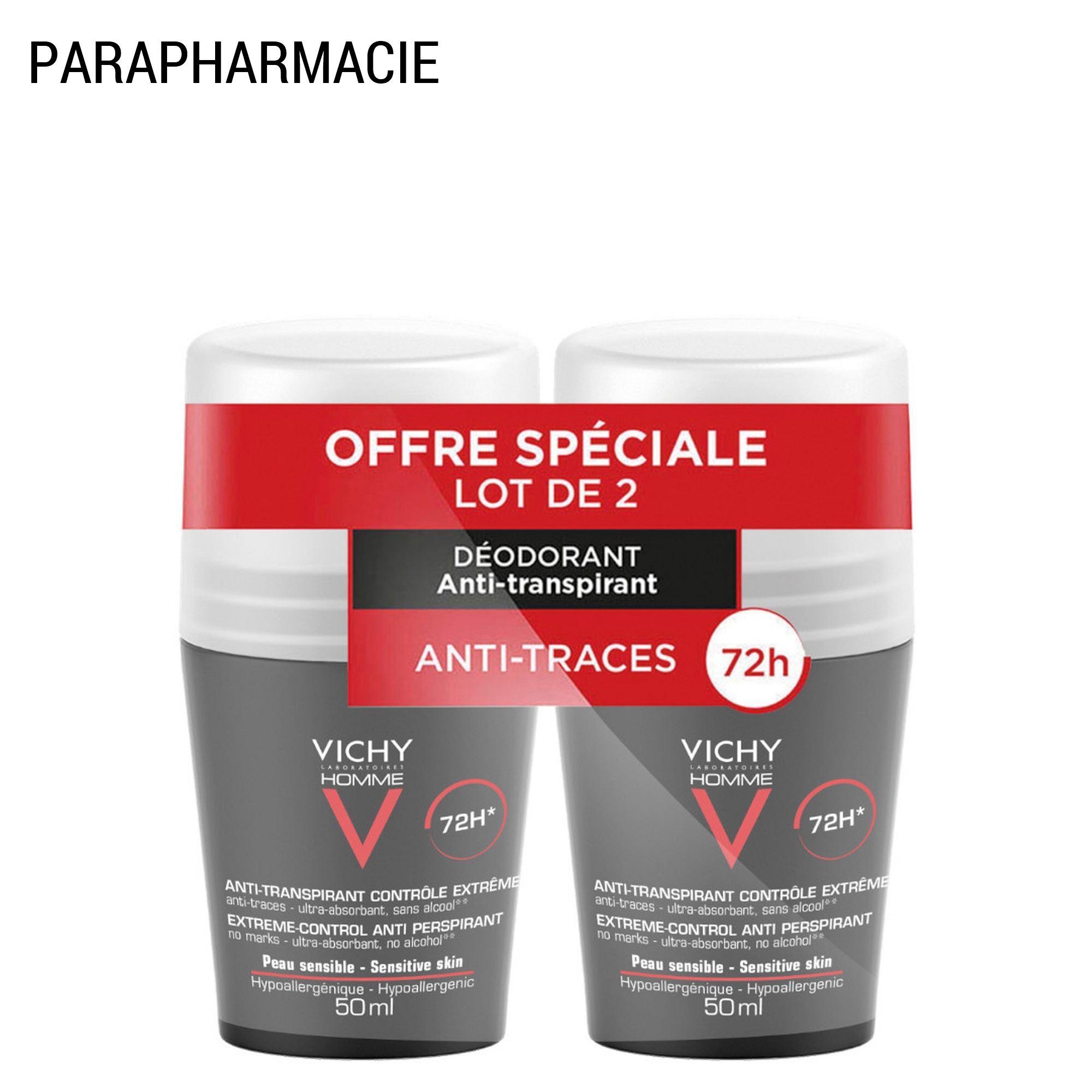 Anti-Transpirant 72H pour Homme - Roll-On 2x50 ml