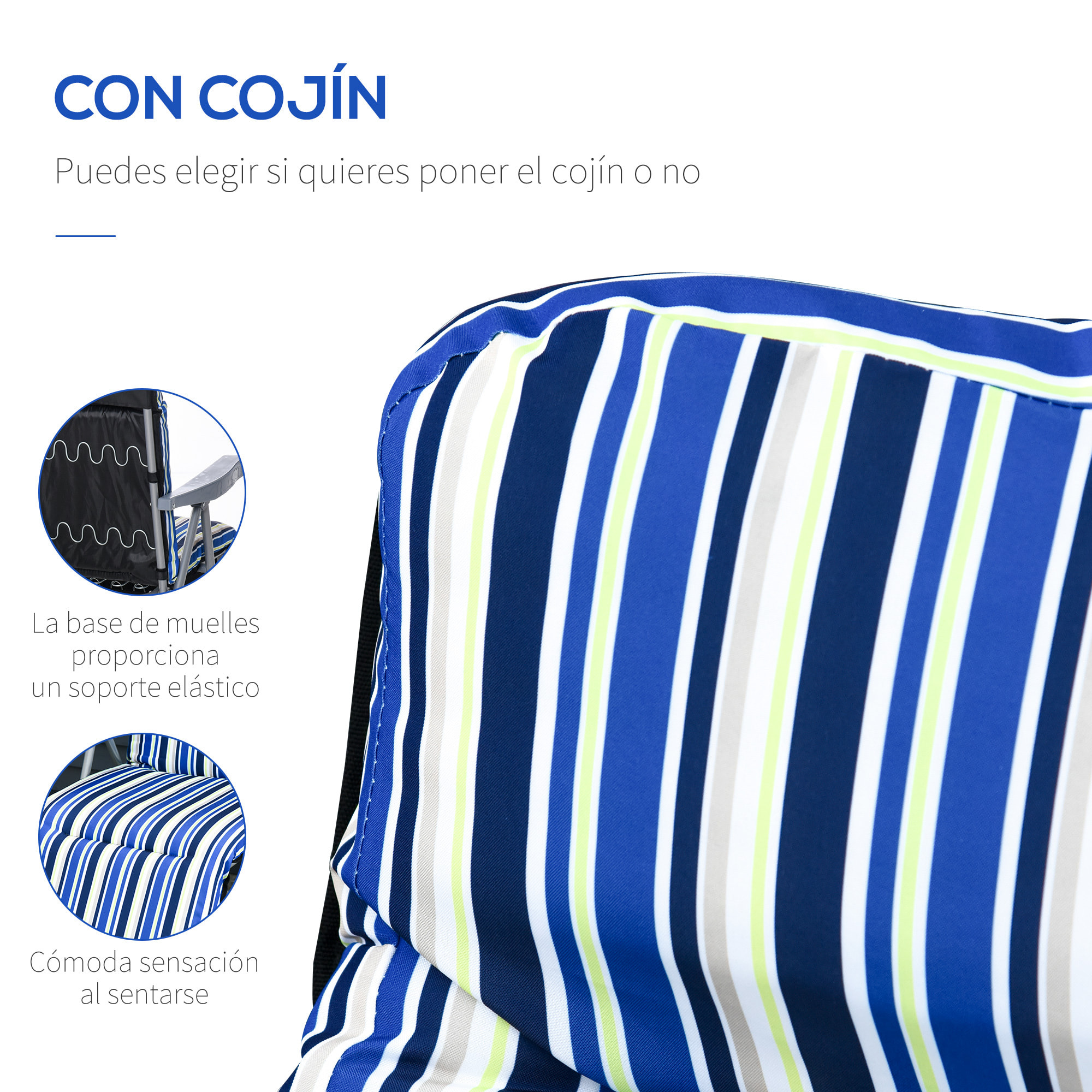 2 Tumbonas Plegables Tumbonas de Jardín de Acero con Cojín Acolchado Respaldo Ajustable en 5 Posiciones y Reposapiés 60x75x65-102 cm Rayas Azul