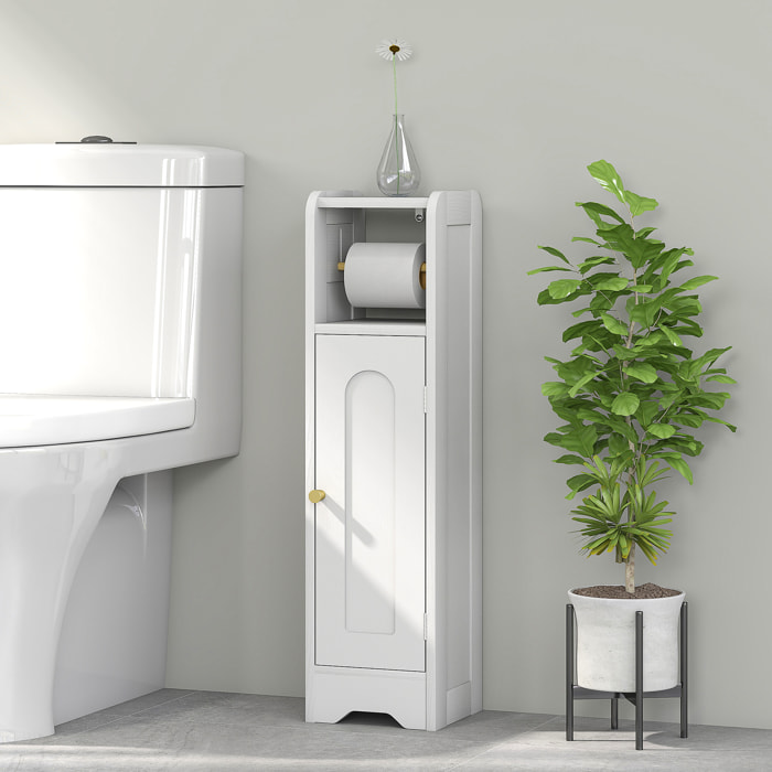 Armario de Baño Estrecho Mueble Auxiliar de Baño 21x20x79 cm con Estante Ajustable Portarrollos de Papel Extraíble y Puerta con Panel Arqueado para Espacios Pequeños Blanco