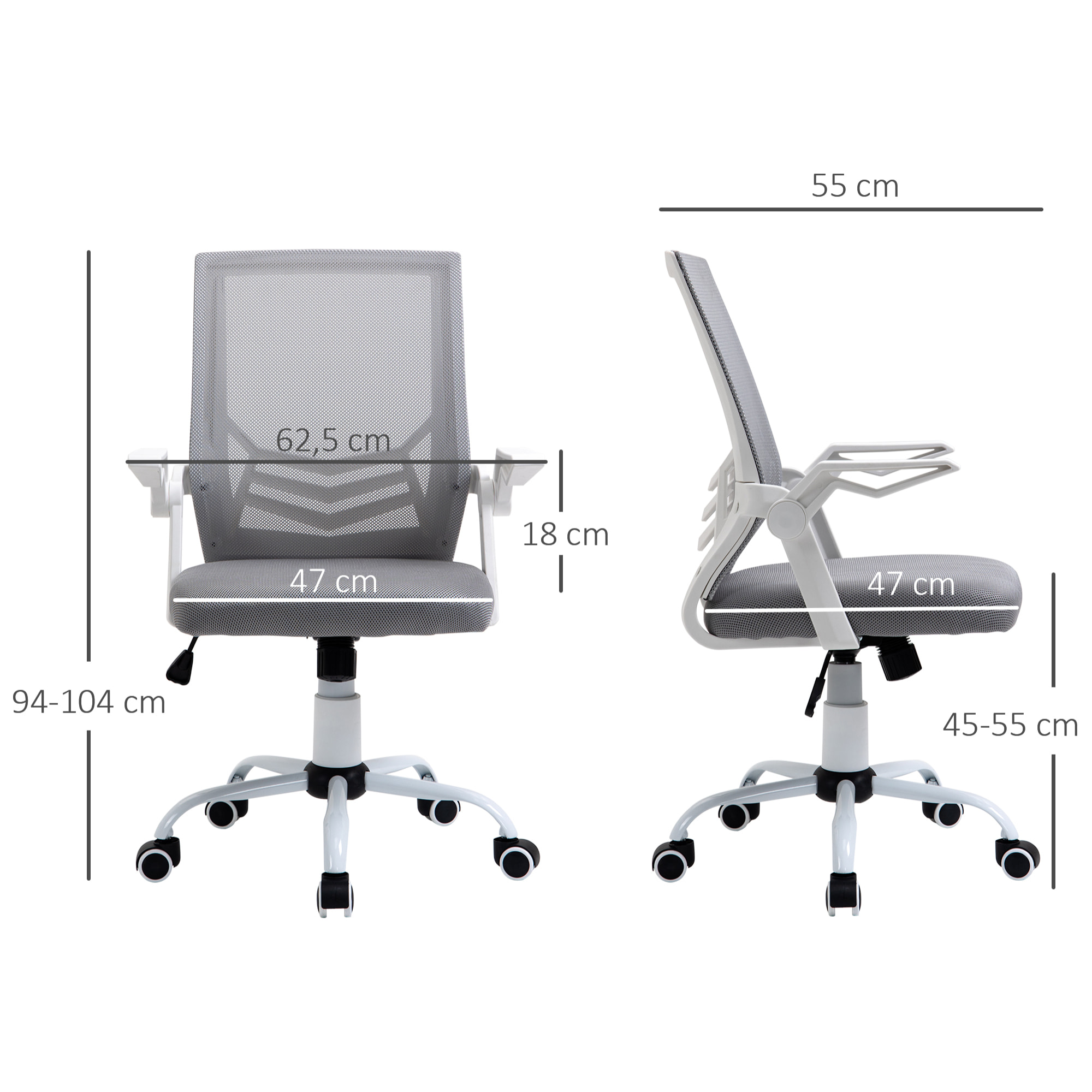 Vinsetto Silla de Oficina Ergonómica Silla Escritorio Giratoria con Altura Ajustable Reposabrazos Abatible Soporte Lumbar Transpirable para Adolescentes Adultos 62,5x55x94-104 cm Gris