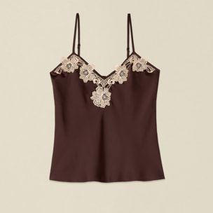 Oltre - Top in raso con pizzo a contrasto - Marrone