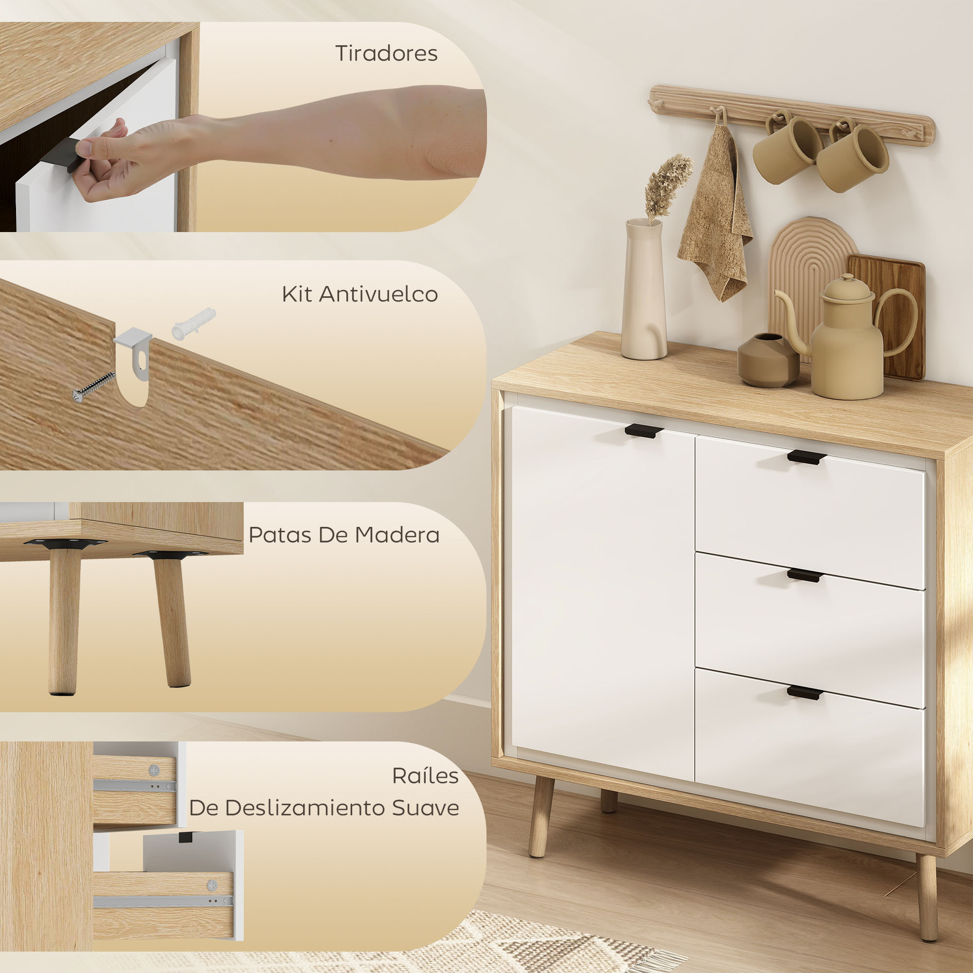 Aparador de 1 Puerta, Aparador de Salón Moderno con 3 Cajones, Estante Ajustable y Patas de Madera, para Cocina, Entrada, Dormitorio, 80x35x77 cm, Blanco Brillo y Roble