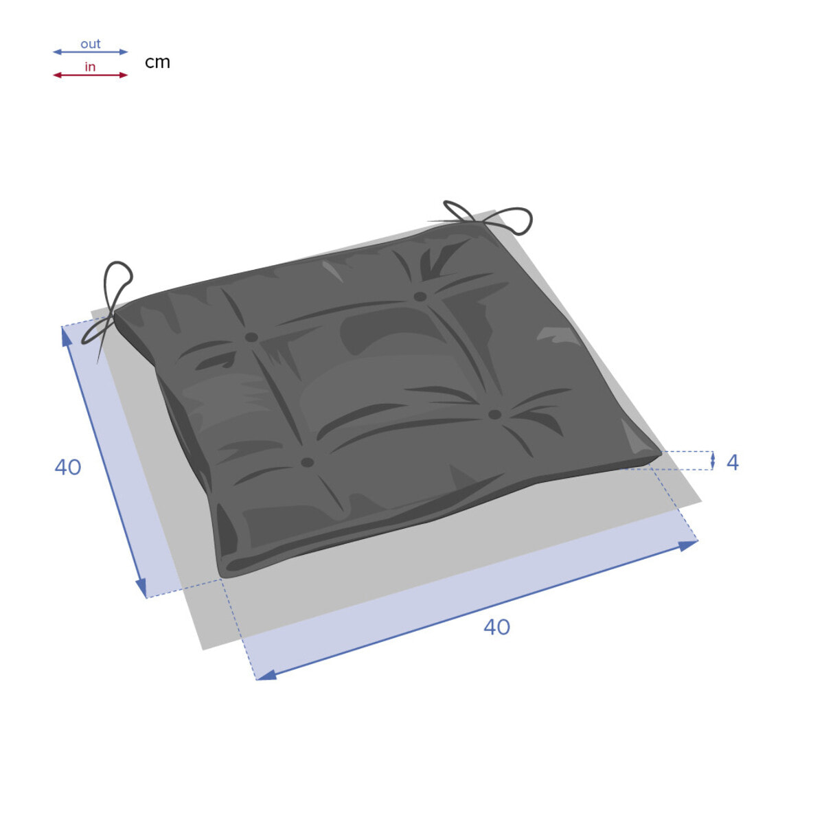 Galette de chaise carrée 4 points "Korai" grenade 40x40x4cm en polyester