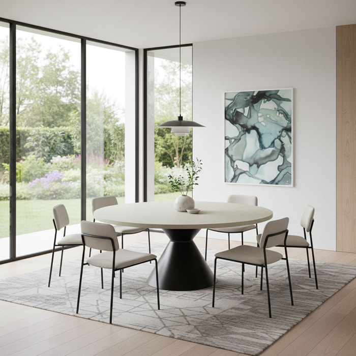 Graal Black - Tavolo Rotondo Ø120 cm Base a Doppio Cono Nero in Metallo e Top in Legno Grigio Testurizzato