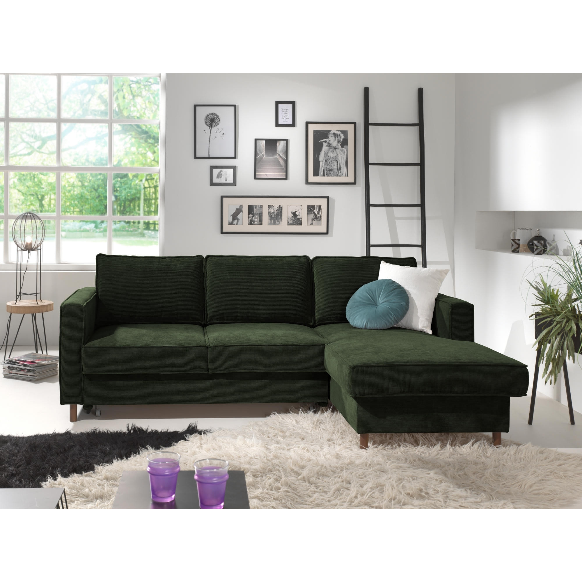 Jake - canapé d'angle droit - convertible avec coffre - 4 places - en velours côtelé - Vert