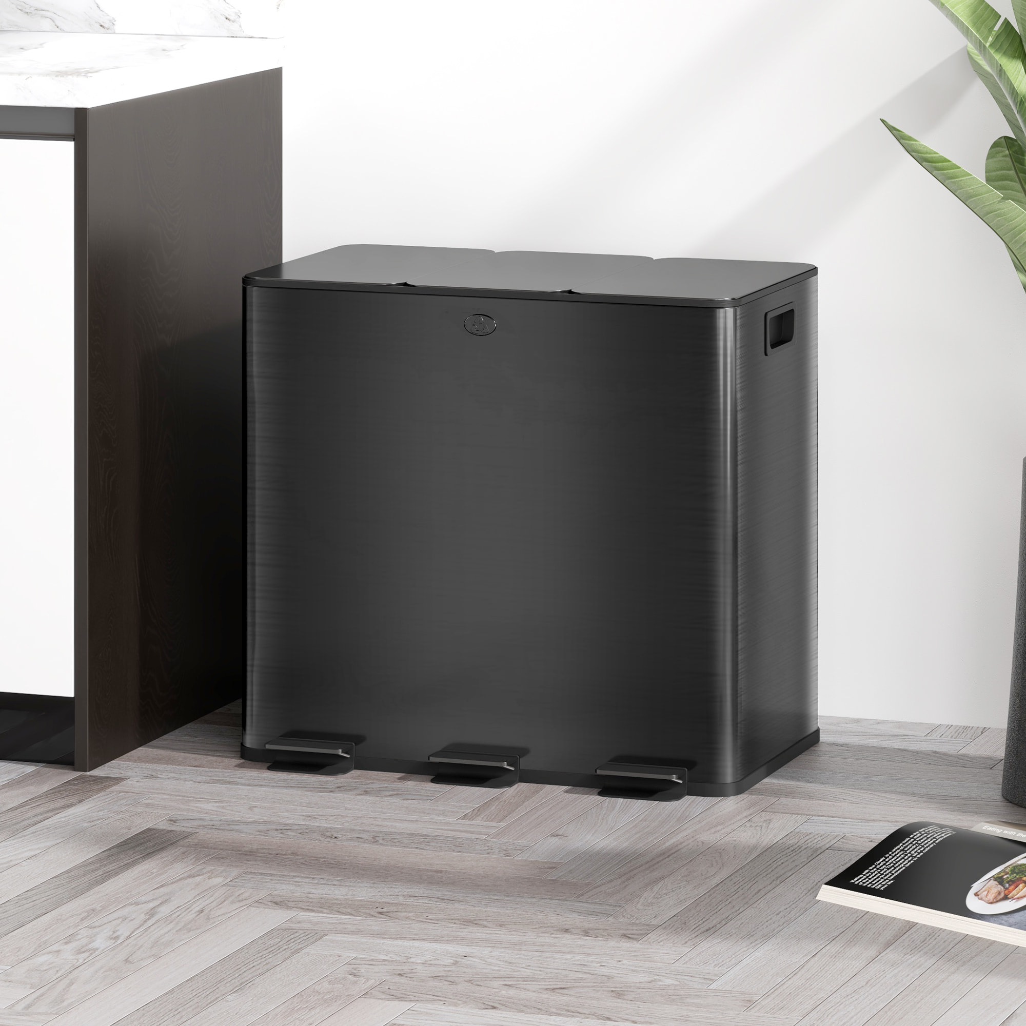Cubo de Basura de Cocina con 3 Compartimentos 3x15L Papelera de Cocina de Acero Inoxidable con Pedales Tapas de Cierre Suave y Cubo Extraíble para Reciclaje Residuos Restos de Comida Negro