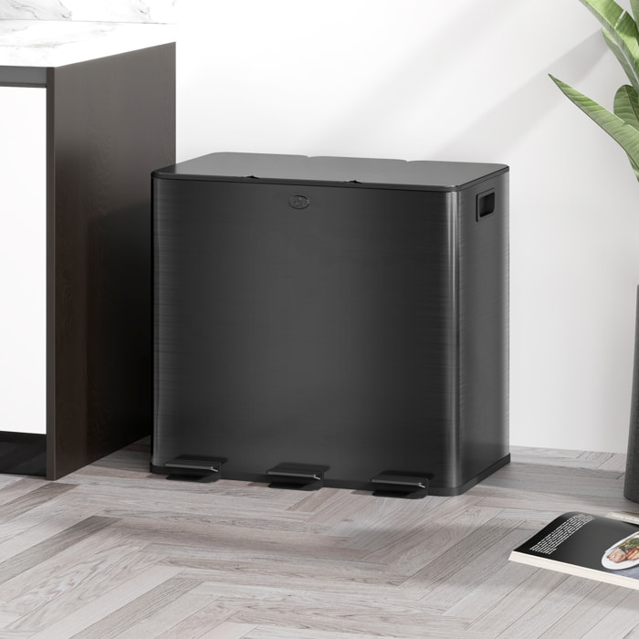 Cubo de Basura de Cocina con 3 Compartimentos 3x15L Papelera de Cocina de Acero Inoxidable con Pedales Tapas de Cierre Suave y Cubo Extraíble para Reciclaje Residuos Restos de Comida Negro