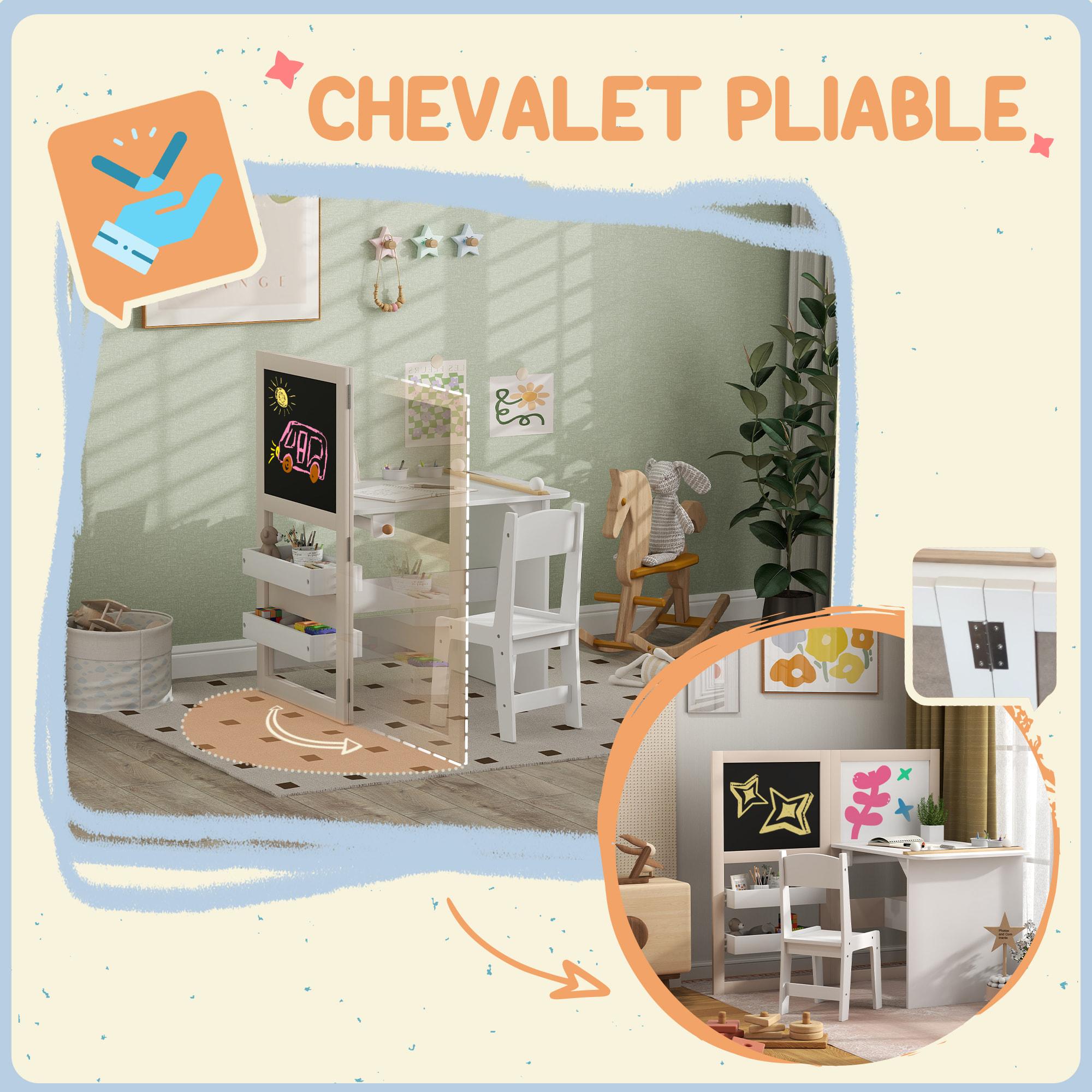 Ensemble table chaise tableaux pliables enfant multi-rangement MDF beige blanc