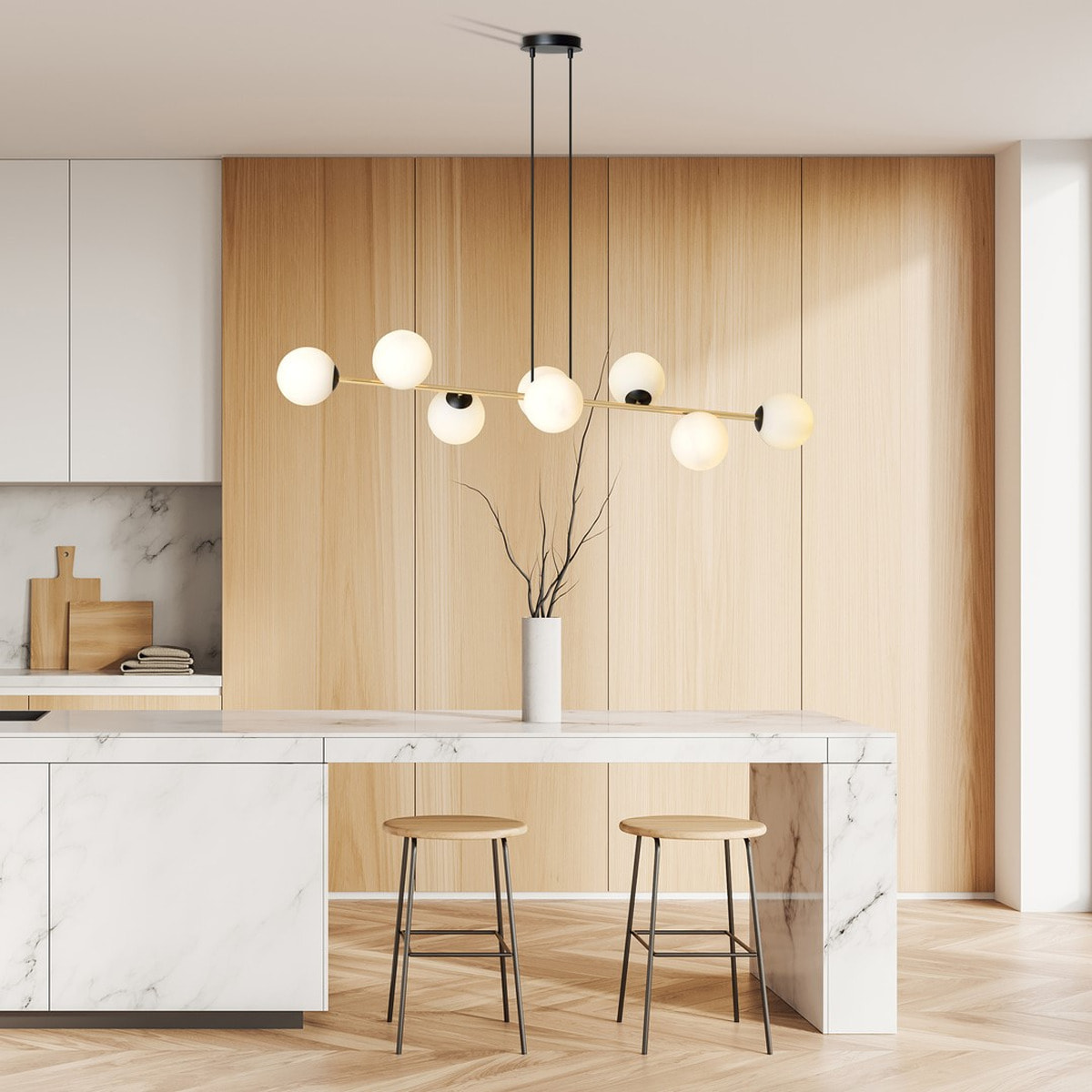 Lampada a sospensione Gravity in acciaio nero e oro con sfere in vetro