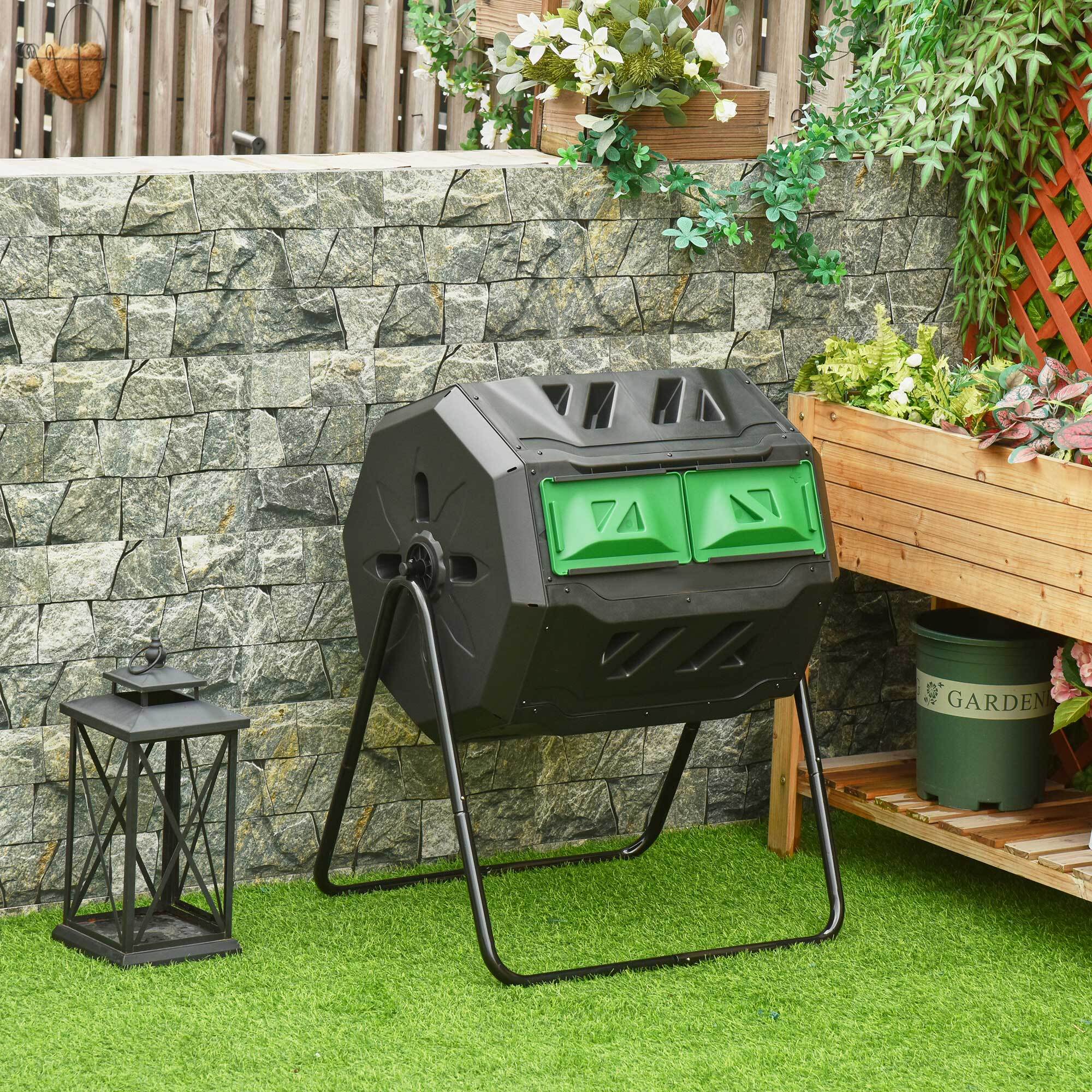 Compostador Giratorio de 160L Contenedor de Compostaje de Jardín de Doble Cámara Compostadora con Aberturas de Ventilación y Patas de Acero 71x65x96 cm Negro y Verde