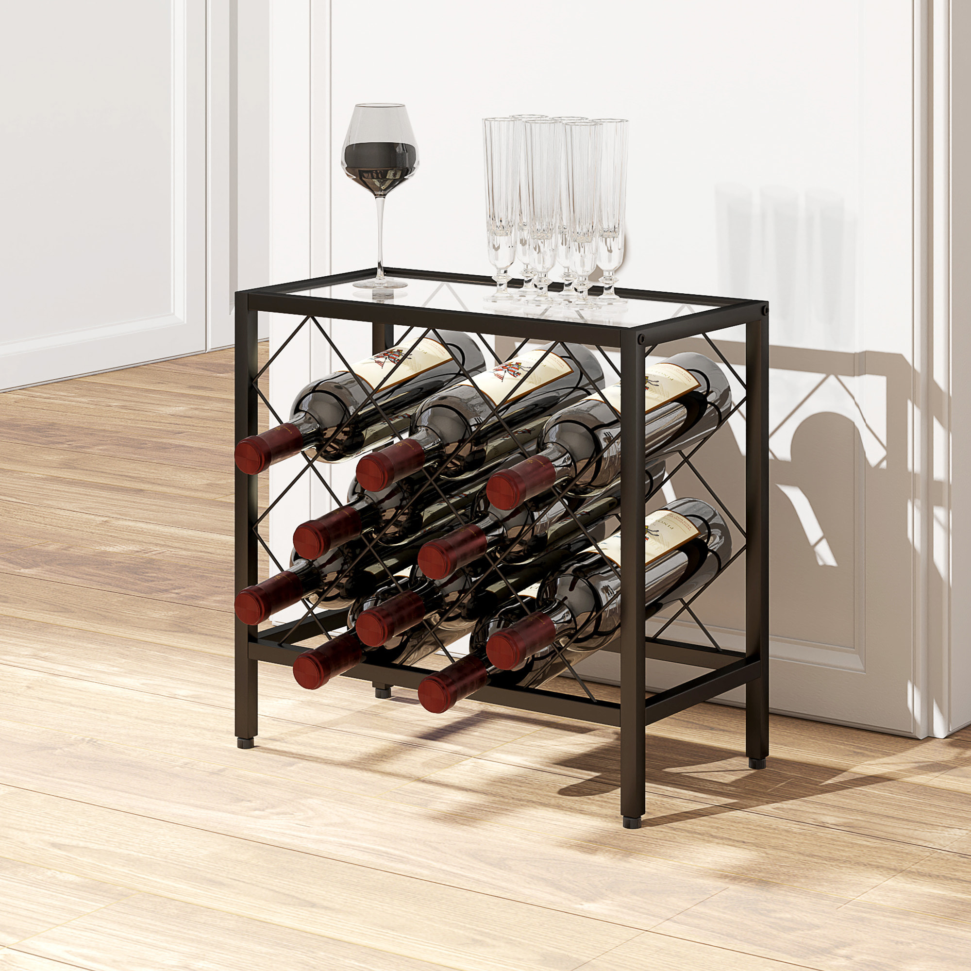 Botellero Vino para 10 Botellas Botellero con Encimera de Vidrio Templado y Marco de Acero para Salón Comedor 41x22x41 cm Negro