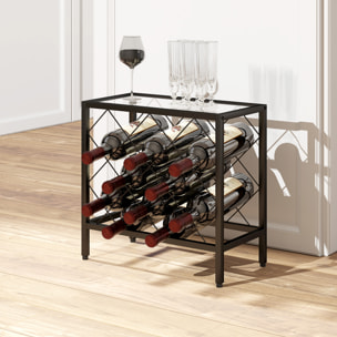 Botellero Vino para 10 Botellas Botellero con Encimera de Vidrio Templado y Marco de Acero para Salón Comedor 41x22x41 cm Negro