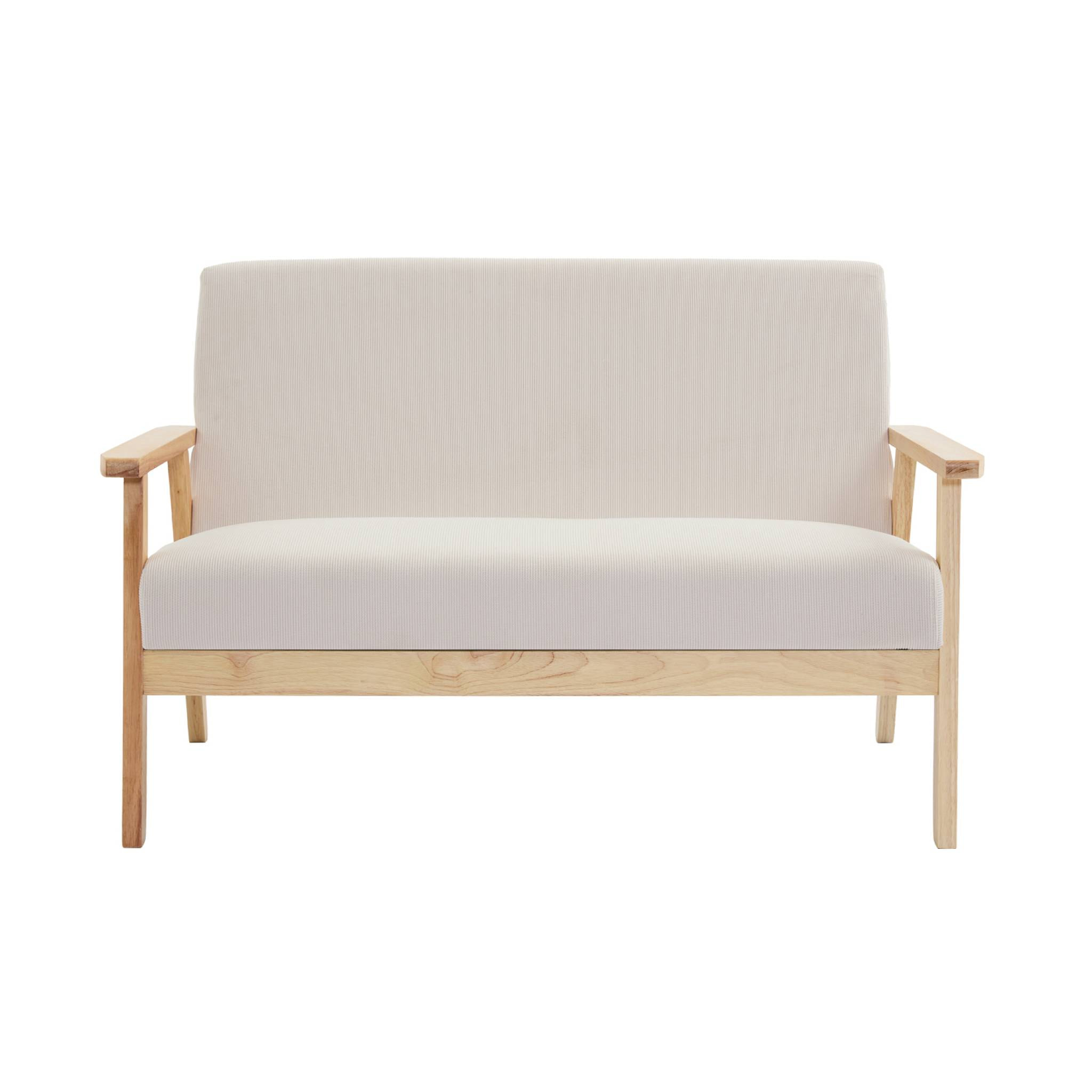 Banquette canapé 2 places en bois et tissu velours côtelé coloris blanc crème. Isak. L 114 x P 69.5 x H 73cm