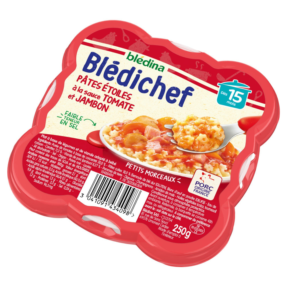 9 Assiettes Pâtes Etoiles, Sauce Tomate et Jambon - Bledina Bledichef - Dès 15 mois