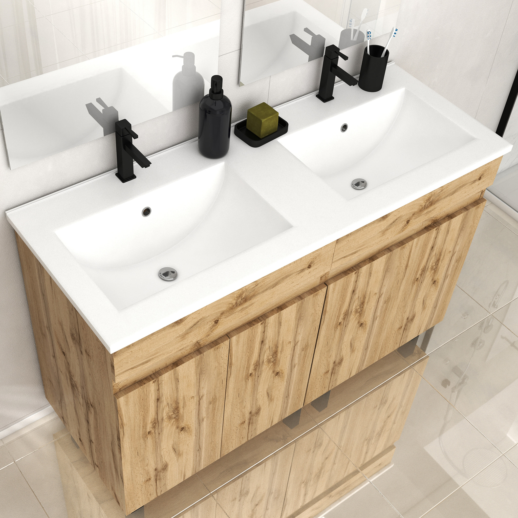 Meuble de salle de bains 120cm 4 Portes_Chêne Naturel + Vasque céramique blanche - TIMBER 120
