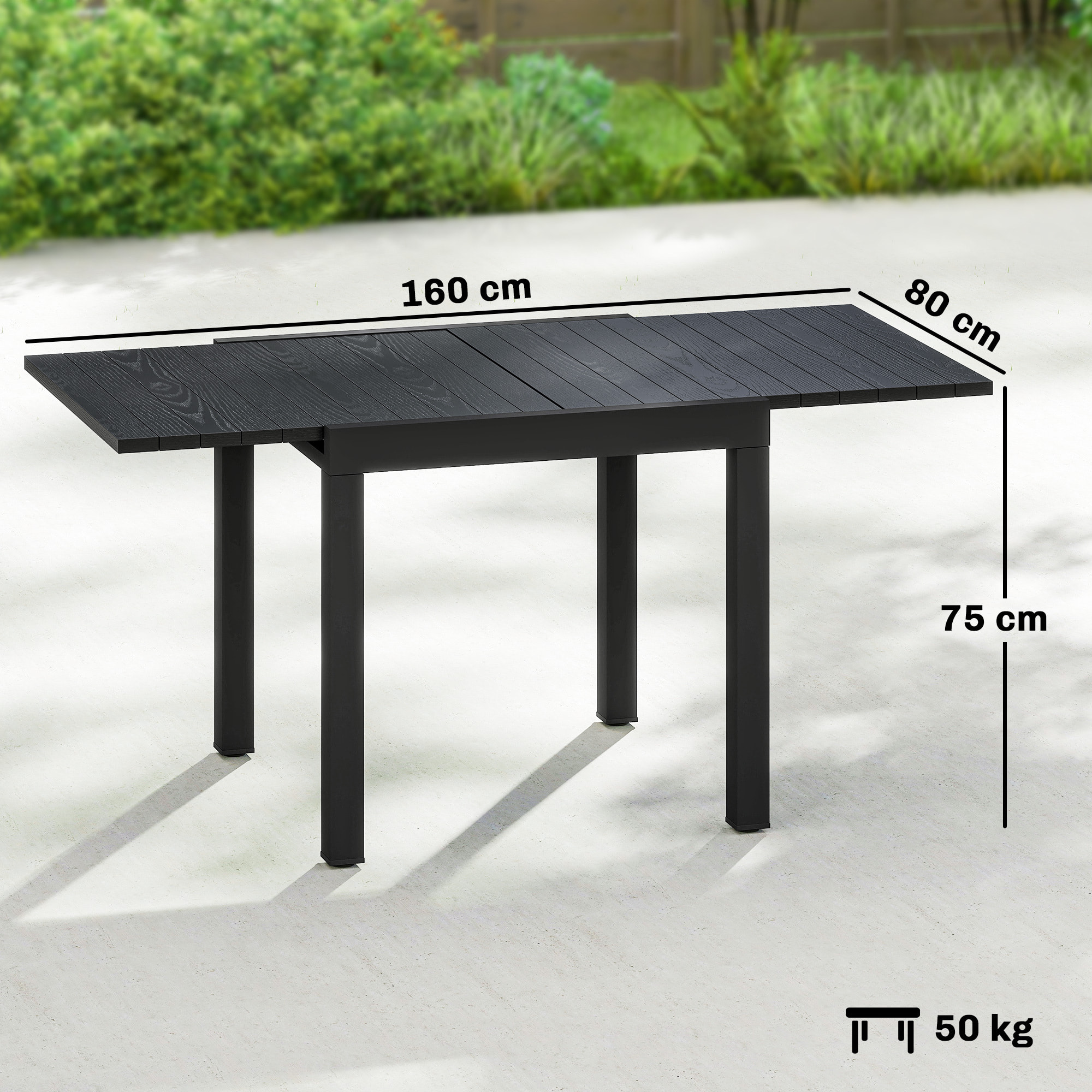 Mesa de Jardín Extensible 80/160x80 cm, Mesa de Comedor Exterior Extensible Rectangular de Aluminio, con Superficie de Lamas de Efecto Madera, para 4-6 Personas, para Patio, Terraza, Negro