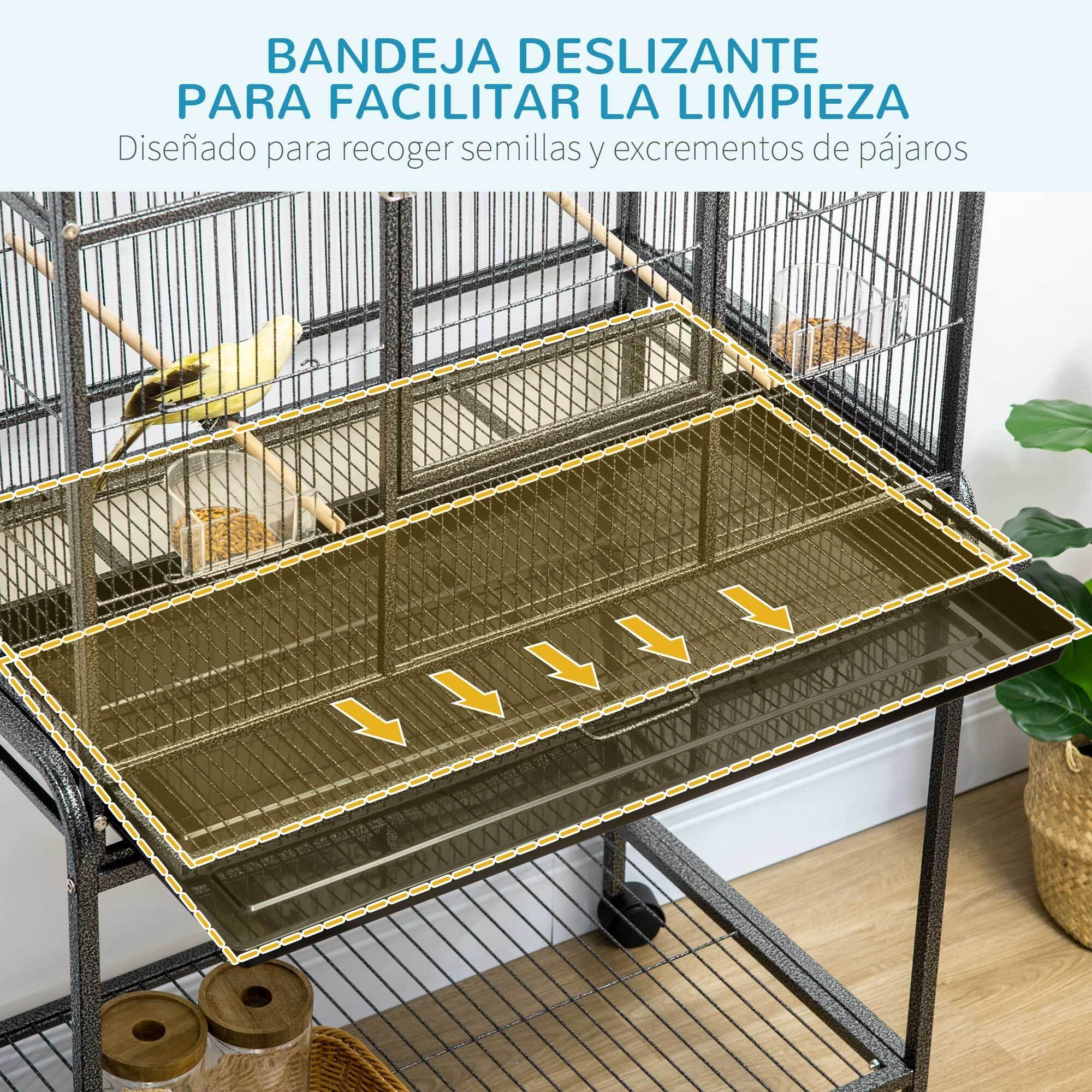 Jaula para Pájaros con Ruedas 81x48x162,5 cm Pajarera Metálico con Bandeja 4 Perchas 4 Comederos y Estante de Almacenamiento para Periquitos Canarios Negro y Gris